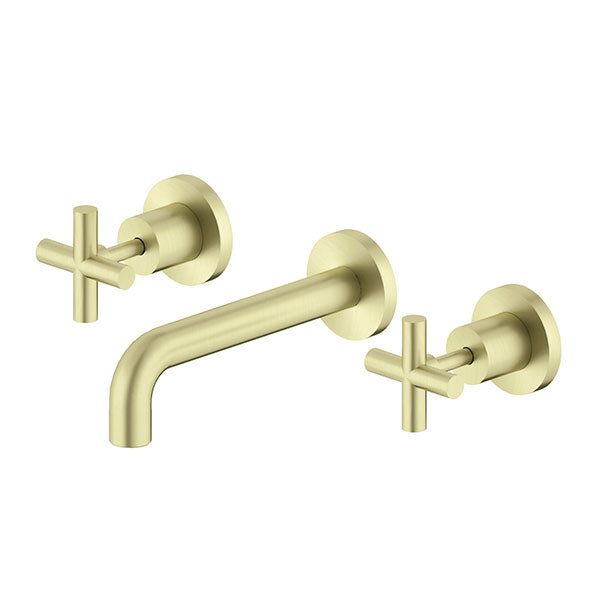 Nero X Plus wall basin/bath set in brushed gold, three-piece tap set with cross handles and curved spout on white background
