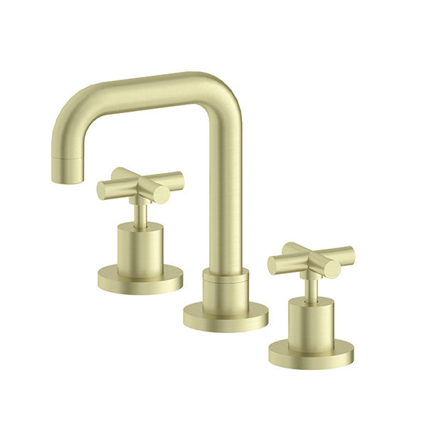 Nero X Plus three-piece basin set in brushed gold, with cross handles and curved spout on white background