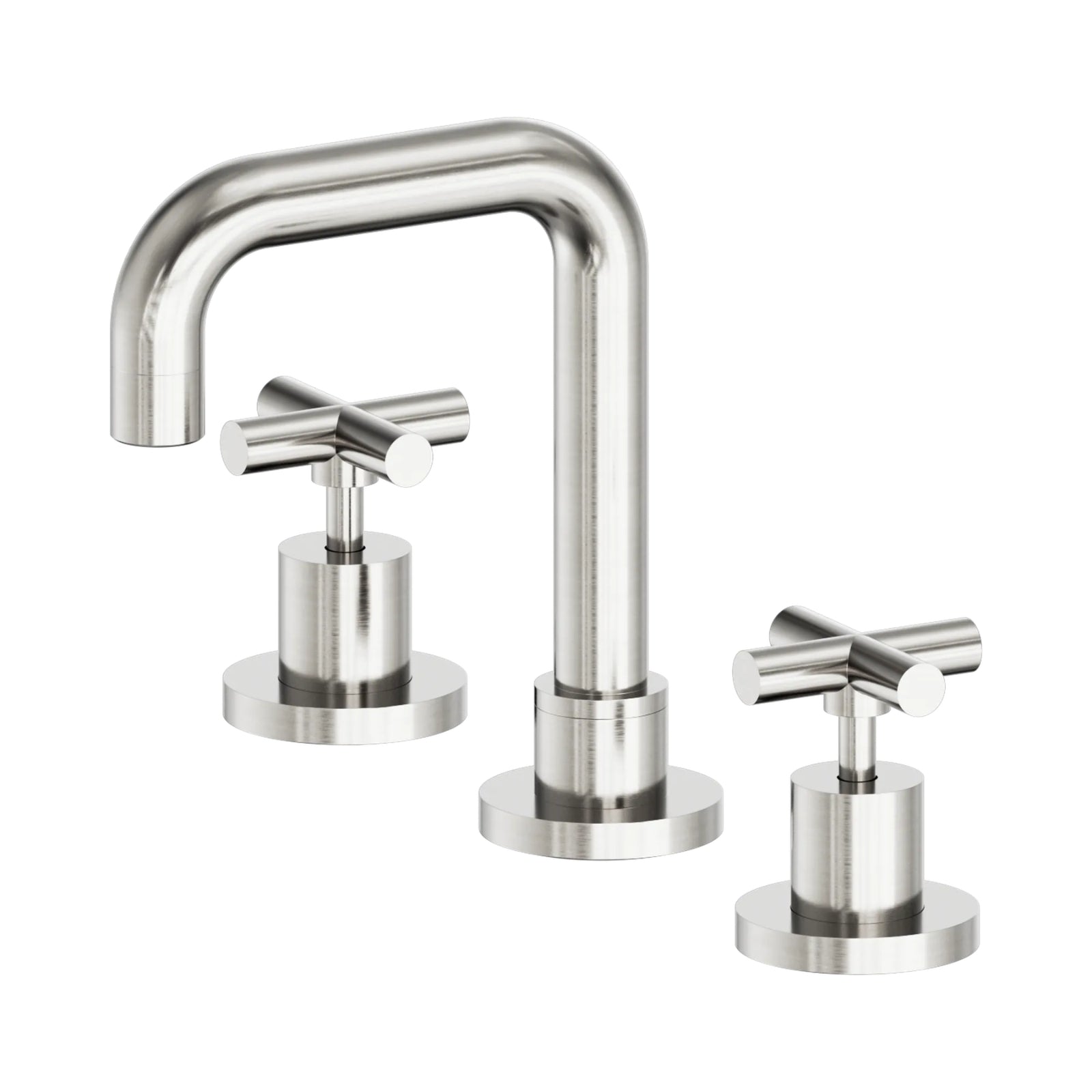 Nero X Plus three-piece basin set in brushed nickel with fixed spout and cross handles on white background