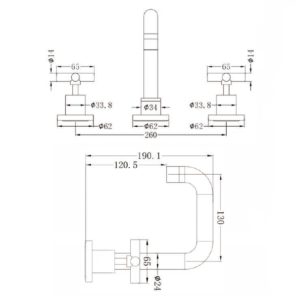 Technical drawing of Nero X Plus 3 piece basin set, matte black, with tap hole and spout dimensions shown