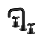 Nero X Plus 3-piece basin tap set in matte black, with cross handles and curved spout on a white background