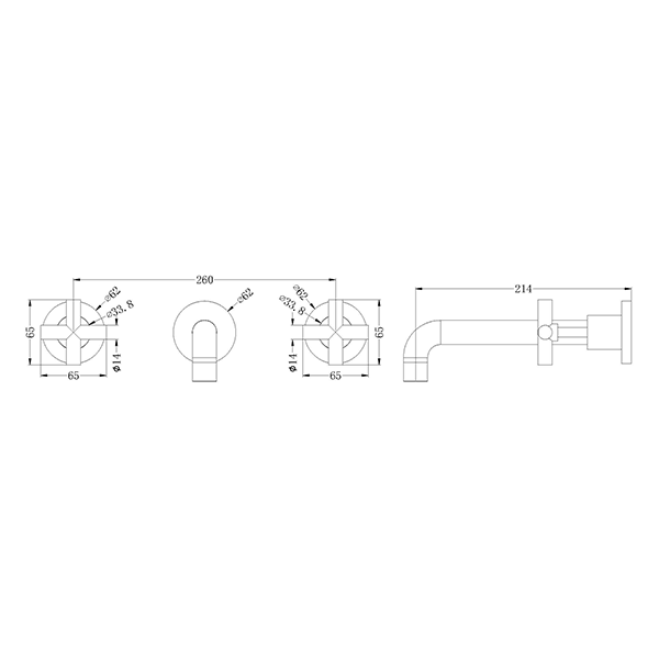 Technical drawing of Nero X Plus wall basin set in matte black, showing 3 piece handles and 214mm spout projection