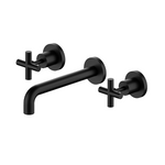 Nero X Plus matte black wall basin set with spout and two cross handles, 3 piece tapware set