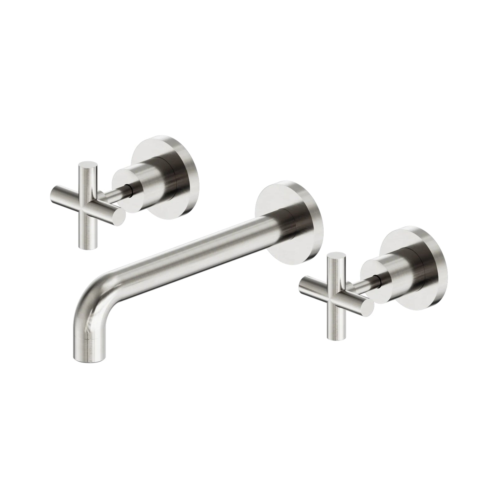 Nero X Plus wall basin set in brushed nickel, with fixed spout and two cross handles, shown on white background