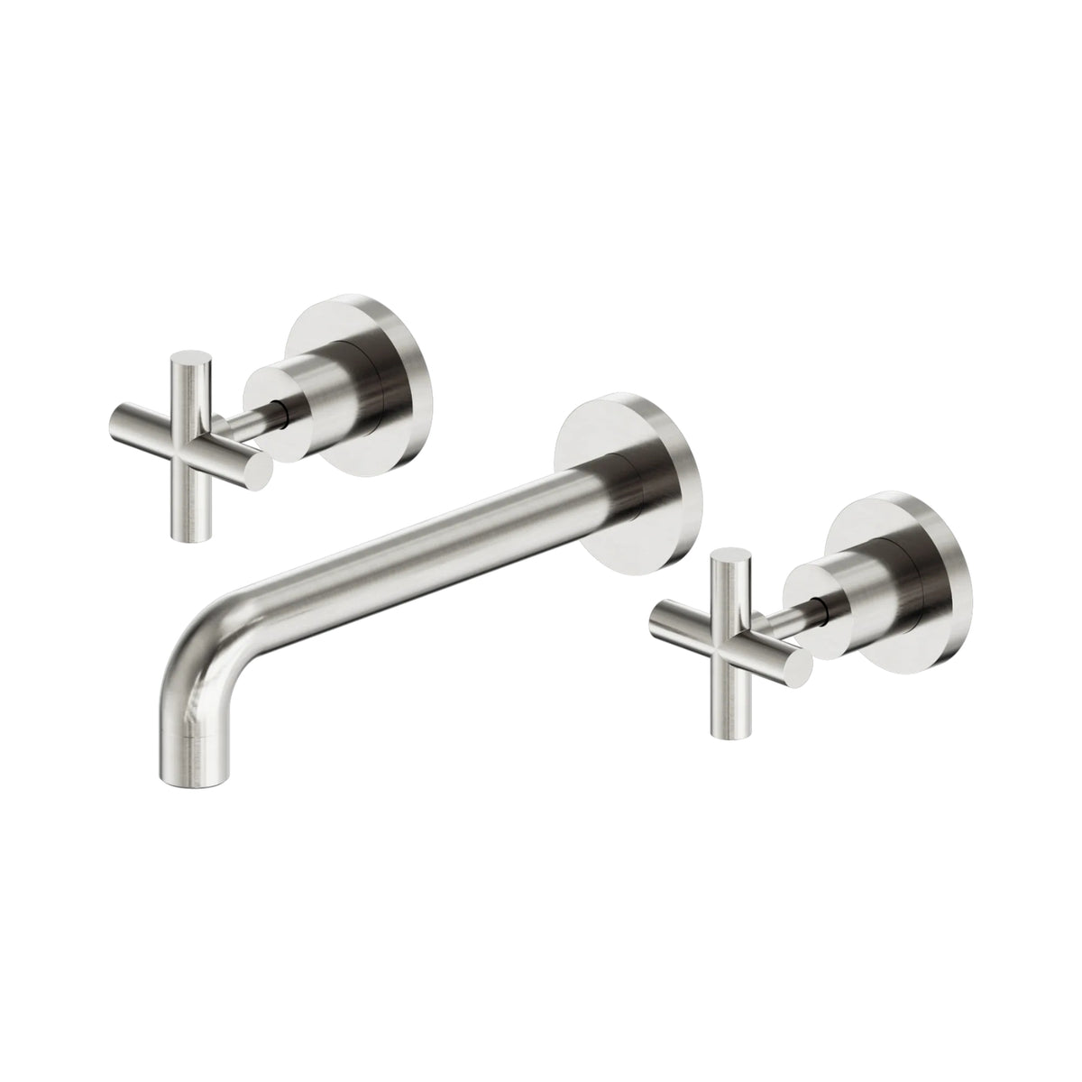 Nero X Plus wall basin set in brushed nickel, with fixed spout and two cross handles, shown on white background