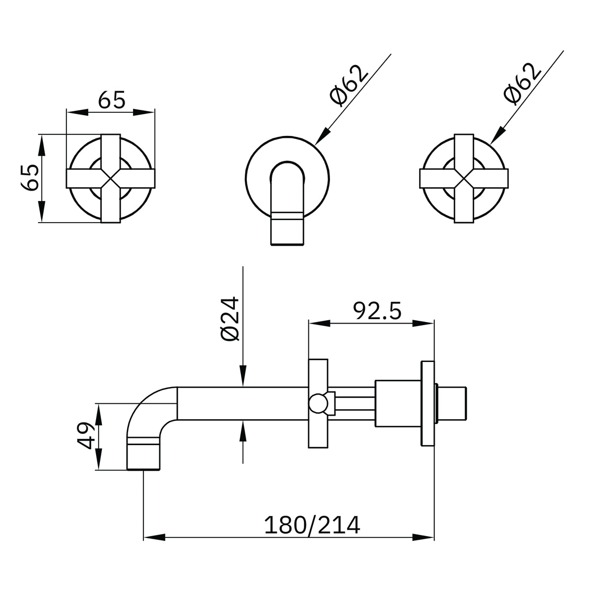 Technical drawing of Nero X Plus wall basin set with fixed spout and cross handles, showing dimensions in millimetres.