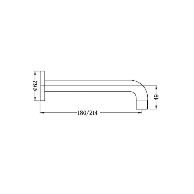 Technical drawing of Nero X Plus wall basin spout, showing 180/214mm reach and 49mm height