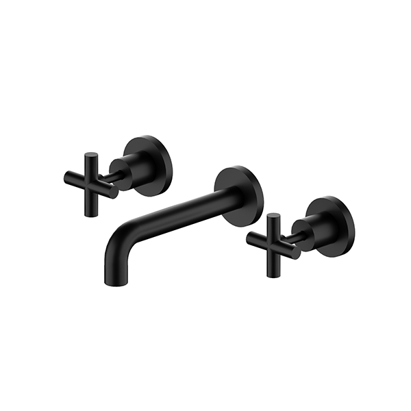 Nero X Plus wall basin set with matte black spout and cross handles, 3-piece tapware for bathroom basin or bath