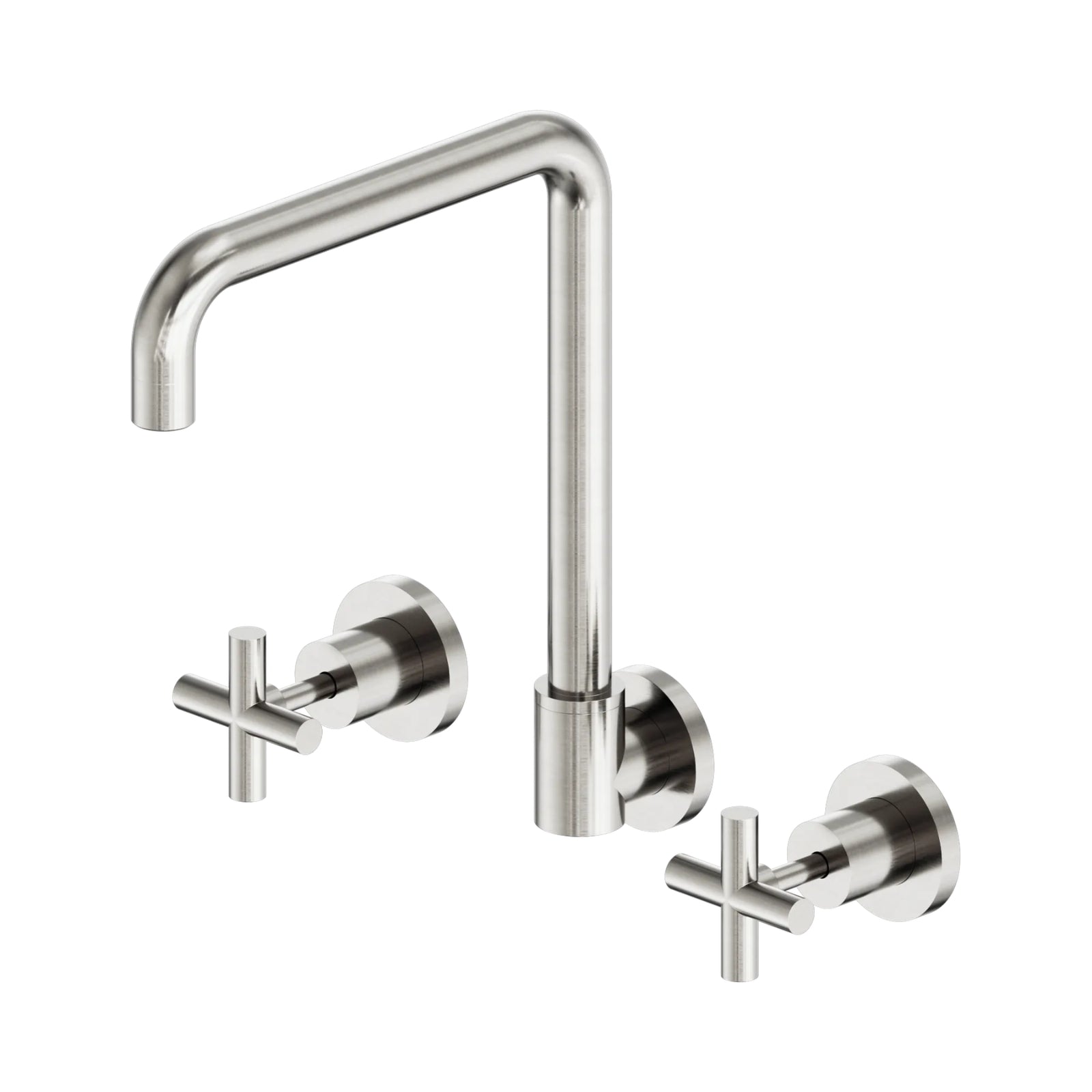 Nero X Plus wall-mounted kitchen tap set in brushed nickel, with swivel spout and two cross handles on white background