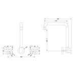 Nero X Plus wall kitchen set technical drawing, brushed gold 3-piece tap set with swivel spout and cross handles