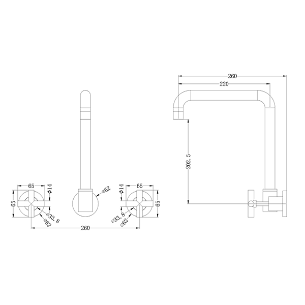 Nero X Plus wall kitchen set technical drawing, brushed gold 3-piece tap set with swivel spout and cross handles