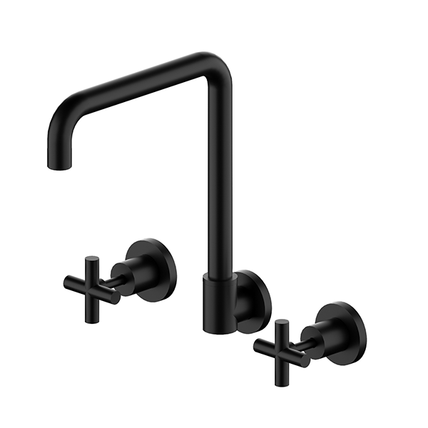 Nero X Plus wall kitchen set in matte black, with swivel spout and two cross-handle taps on round wall plates.