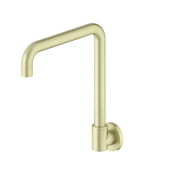 Nero X Plus wall-mounted swivel spout in brushed gold, shown on a white background, with curved gooseneck outlet and round wall mount