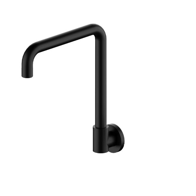Nero X Plus wall-mounted swivel spout in matte black, brass finish, with curved L-shaped design for kitchen or laundry sinks