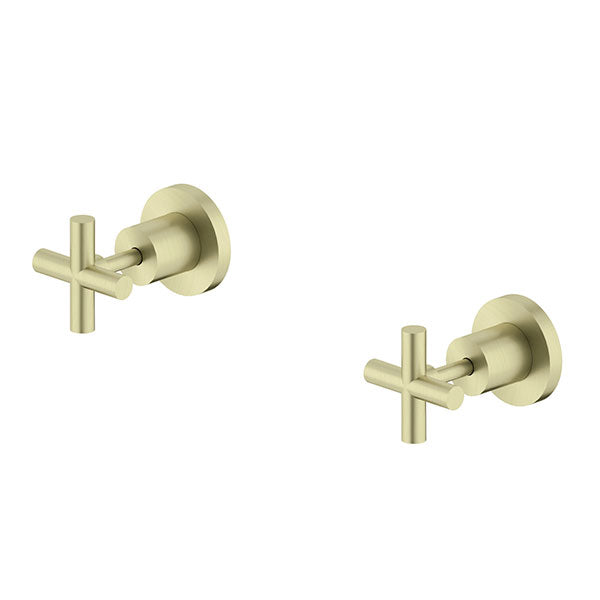 Nero X Plus wall top assemblies in brushed gold, showing two cross-handle taps on white background