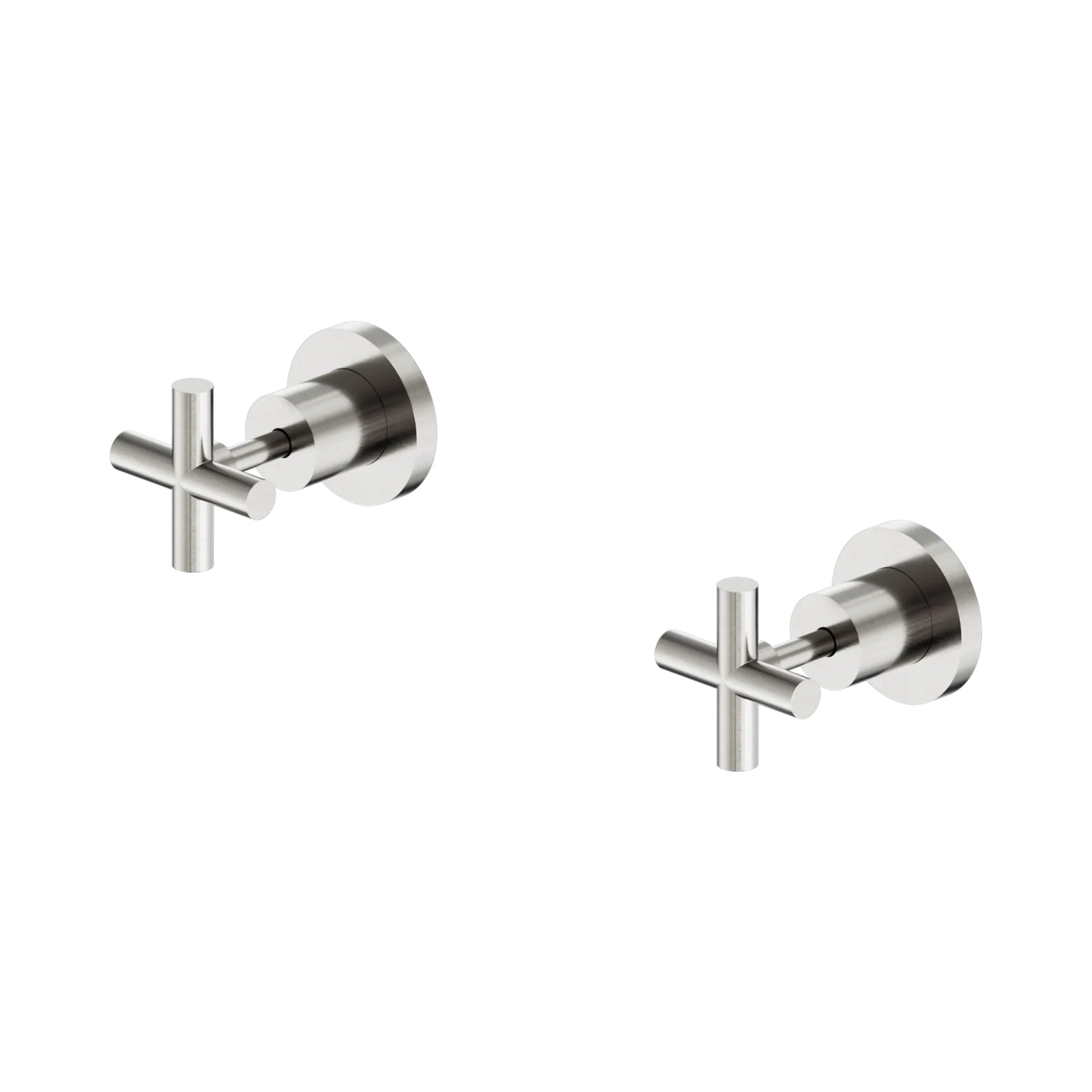 Nero X Plus wall top assemblies in brushed nickel with cross handles, shown as a pair on white background