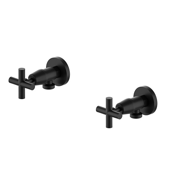Nero X Plus washing machine stops in matte black, pair of wall-mounted tap sets with cross handles
