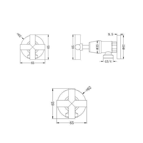 Technical drawing of Nero X Plus washing machine stops, showing front and side views with 65 mm dimensions, matte black finish