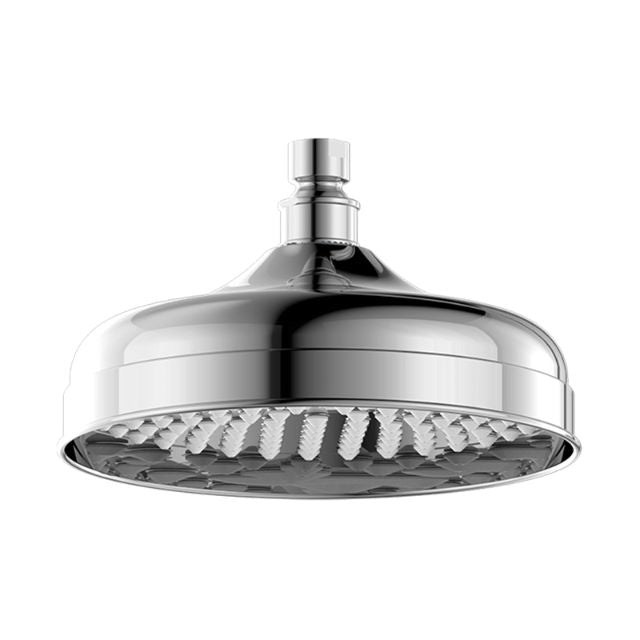 Nero York round shower head in chrome, front view, with polished finish and overhead spray face