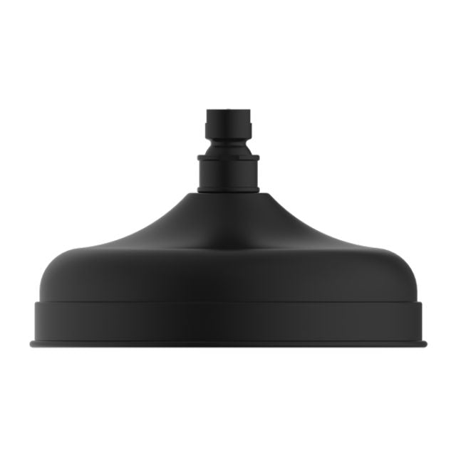 Nero York round shower head in matte black, front view with centred connector