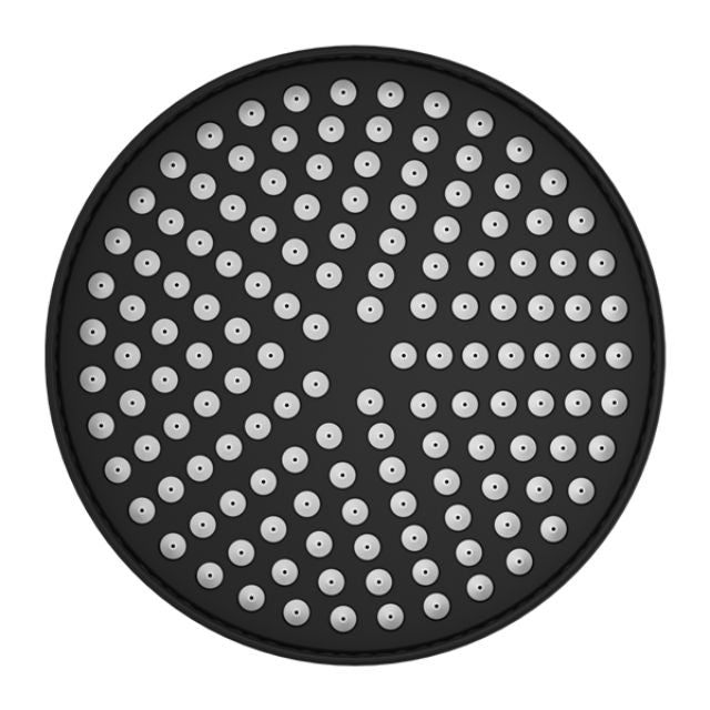Nero York 200mm round shower head in matte black, front view with single-spray nozzles