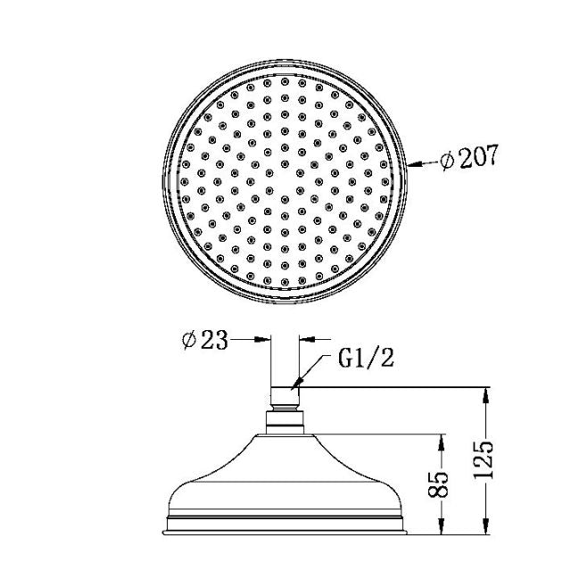 Nero York 200mm round shower head matte black, technical drawing with dimensions and G1/2 connection