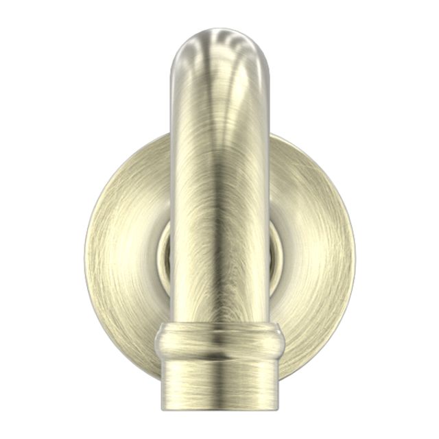 Nero York aged brass basin/bath spout, front view, round wall plate and curved outlet