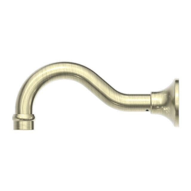 Nero York basin/bath spout in aged brass, wall-mounted curved tap spout, side view