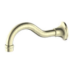 Nero York basin/bath spout in aged brass, wall-mounted curved tap spout on white background