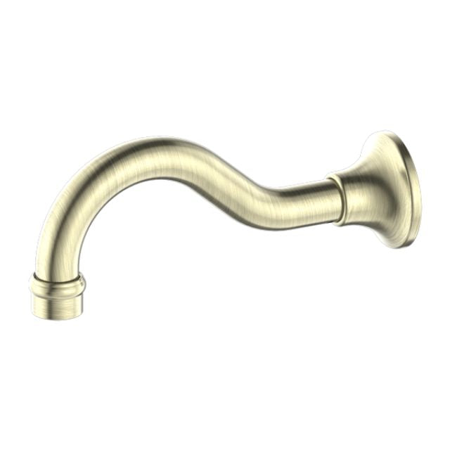 Nero York basin/bath spout in aged brass, wall-mounted curved tap spout on white background