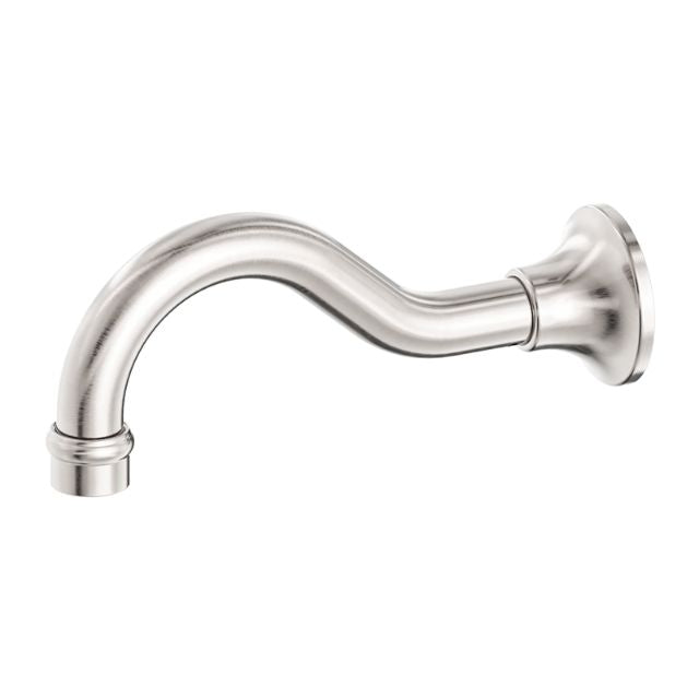 Nero York basin/bath spout in brushed nickel, wall-mounted curved tap outlet on white background