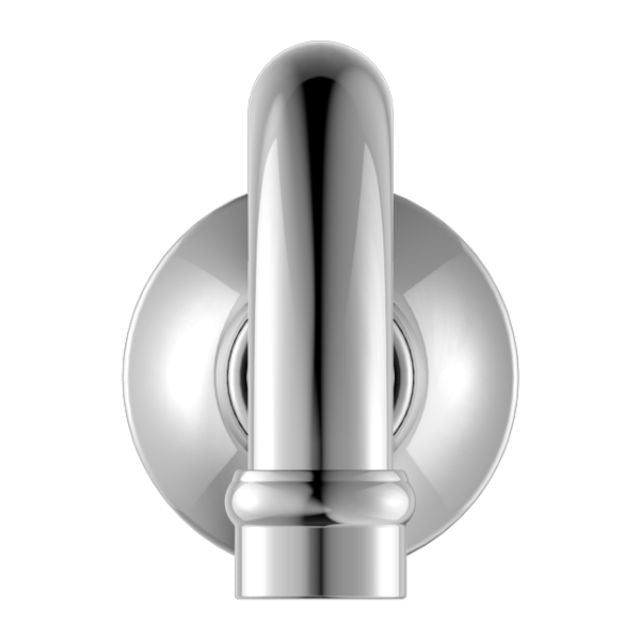 Nero York chrome wall-mounted basin/bath spout, front view with round backplate and curved outlet