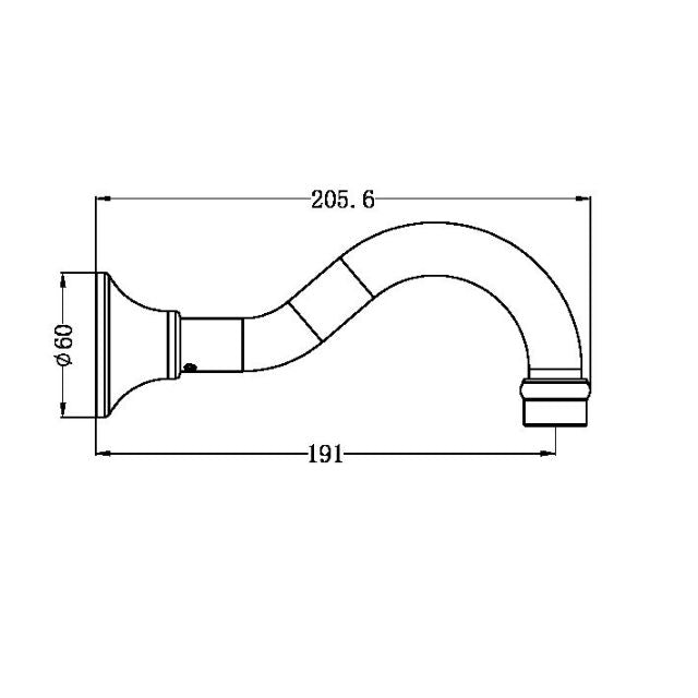 Nero York chrome basin/bath spout technical drawing with dimensions, wall-mounted side view￼