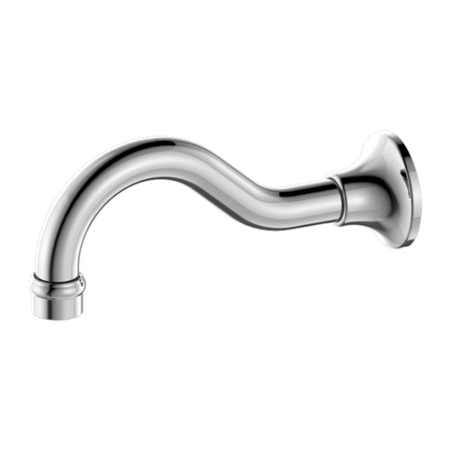 Nero York chrome basin/bath spout, wall-mounted curved brass tap spout on white background
