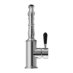 Nero York chrome basin mixer with hook spout and black porcelain lever, side view