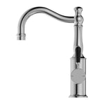Nero York chrome basin mixer with hook spout and black porcelain lever, front view on white background
