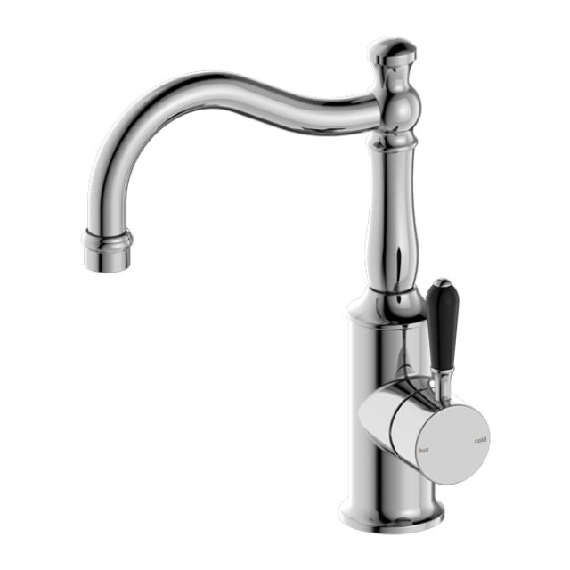 Nero York chrome basin mixer with hook spout and black porcelain lever, traditional bathroom tap, front view
