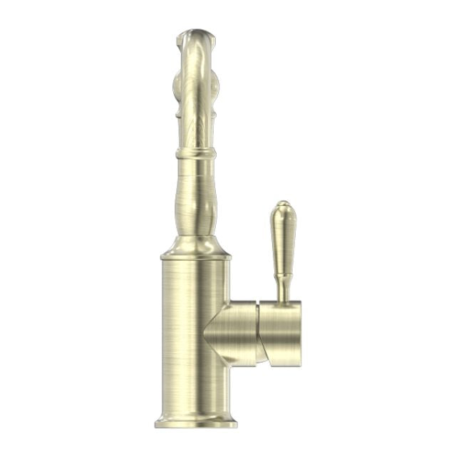 Nero York basin mixer tap with hook spout and metal lever in aged brass, side view