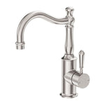 Nero York brushed nickel basin mixer tap with hook spout and metal lever, isolated on white