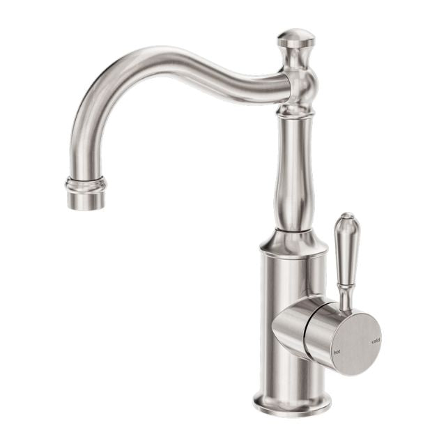 Nero York brushed nickel basin mixer tap with hook spout and metal lever, isolated on white