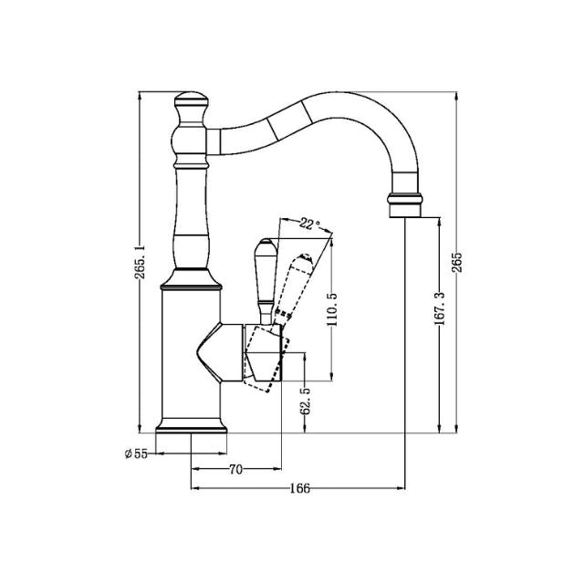 Nero York basin mixer hook spout technical drawing in brushed nickel, showing dimensions and swivel lever detail