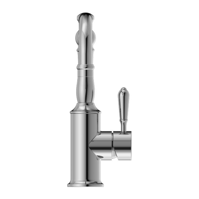 Nero York chrome basin mixer with hook spout and metal lever, side view on white background