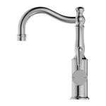 Nero York chrome basin mixer with hook spout and metal lever, shown front on against a white background