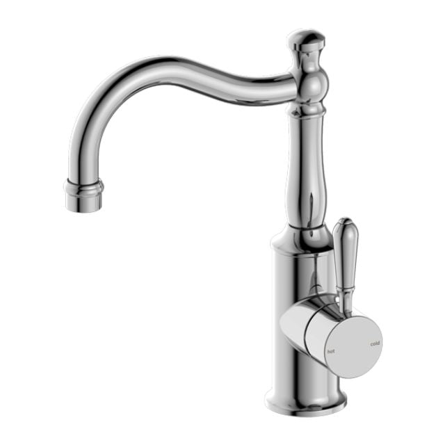 Nero York chrome basin mixer with hook spout and metal lever, hob mounted, on white background