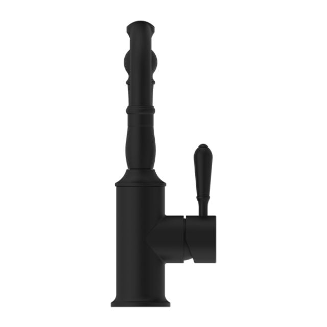 Nero York basin mixer hook spout with metal lever, matte black, side view on white background