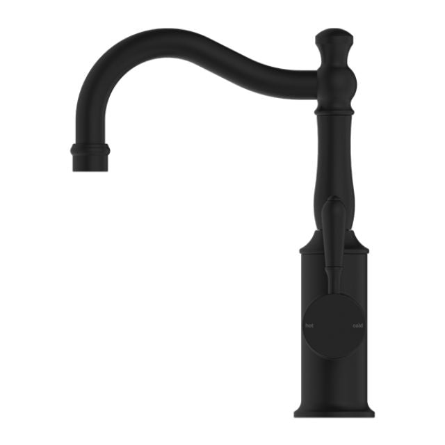 Nero York basin mixer tap with hook spout and metal lever in matte black, front view on white background