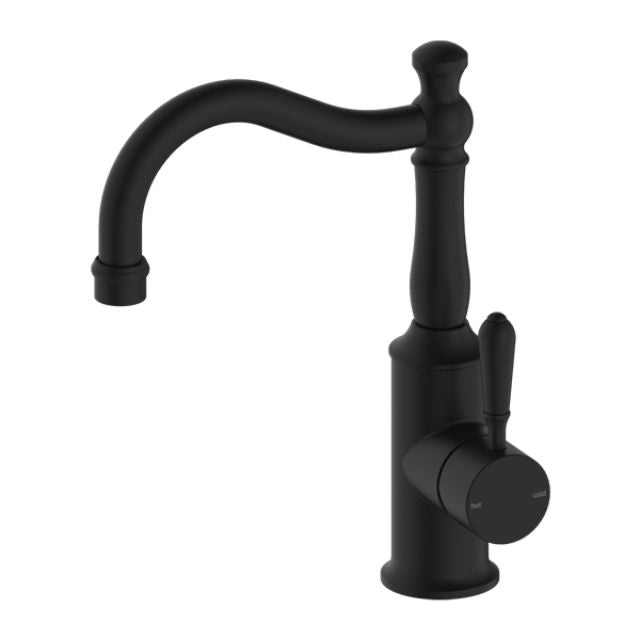Nero York matte black basin mixer tap with hook spout and metal lever, hob mounted on white background