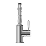 Nero York basin mixer tap in chrome with white porcelain lever and hook spout, side view on white background