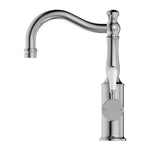 Nero York basin mixer tap in chrome with hook spout and white porcelain lever, shown front view on white background