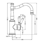Technical drawing of Nero York basin mixer tap with hook spout and white porcelain lever, chrome finish, showing dimensions.